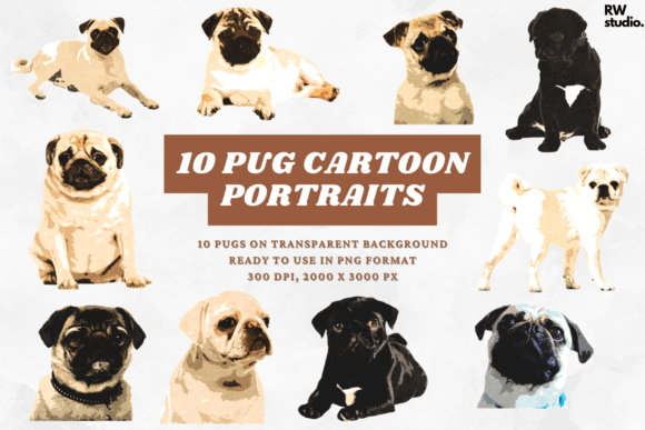 10 Pug Cartoon Portraits Dog Breeds Art: A Versatile Digital Asset for Creative Projects
