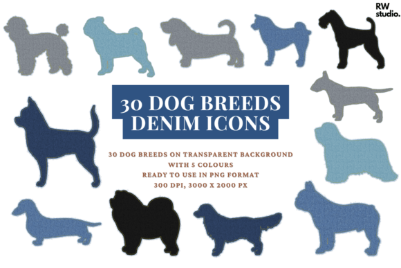 30 Dog Breeds Denim Graphic Animal Art